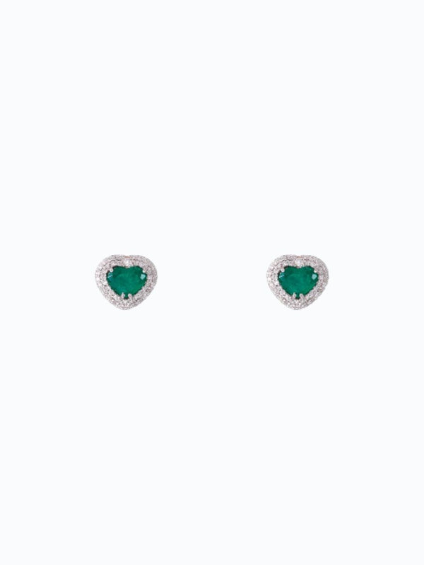 Aretes de oro blanco de 18k con esmeralda corazón y diamantes