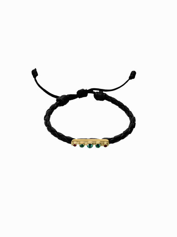 Pulsera de cuero con oro 18k, esmeraldas y ruíes