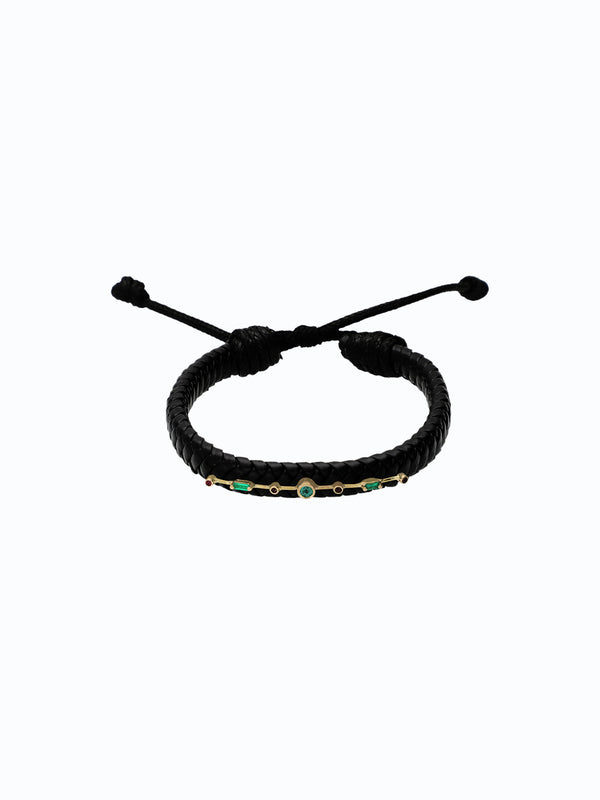 Pulsera de cuero de oro 18k con esmerldas y rubíes