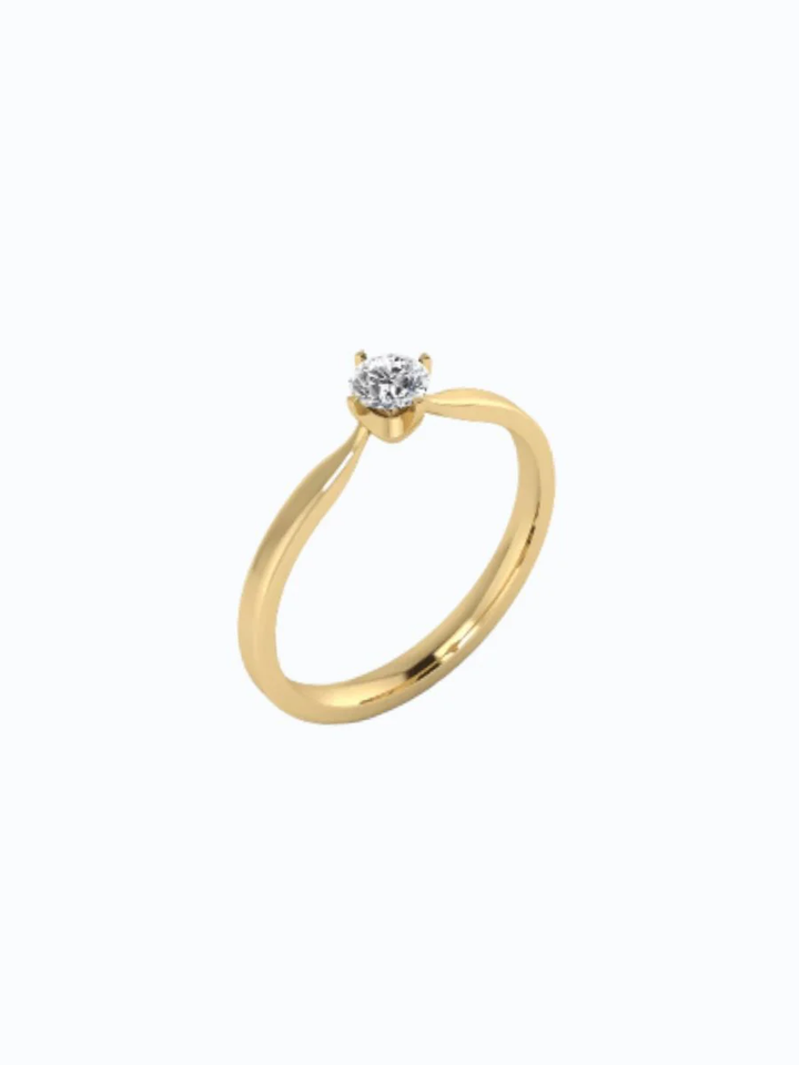 Anillo de oro 18k con anillo de compromiso de oro 18k con diamante corte brillante. Fondo neutro, piedra central visible, ...