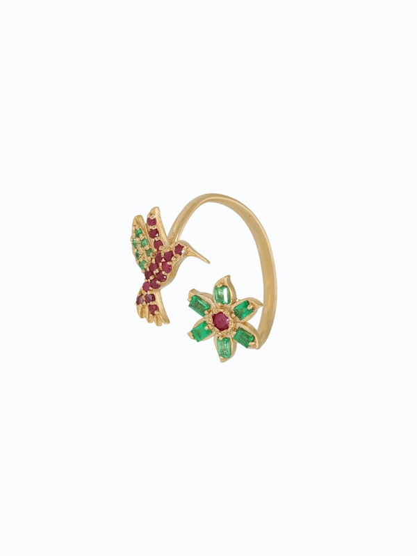 Anillo de oro 18k diseño colibri en flor con esmeraldas y rubí