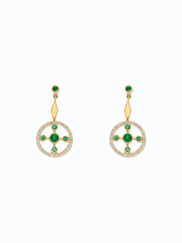 Aretes de oro 18k diseño aro de cruz con esmeraldas y diamantes