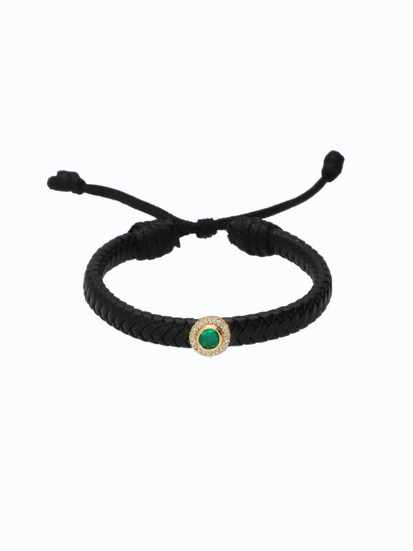 Pulsera de cuero con oro 18k, esmeralda y diamantes