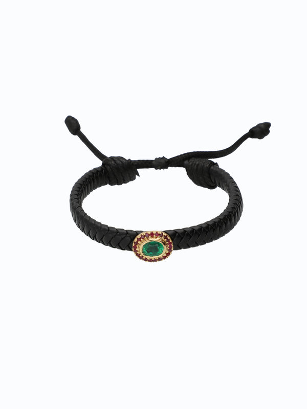 Pulsera de cuero artesal de oro 18k con esmeralda y rubíes