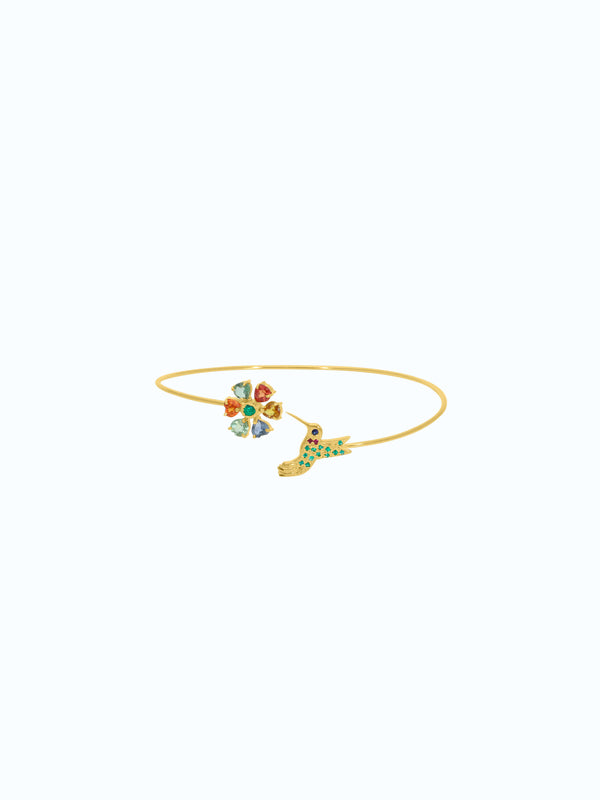 Pulsera de oro 18k con esmeraldas zafiro y rubi diseño colibri