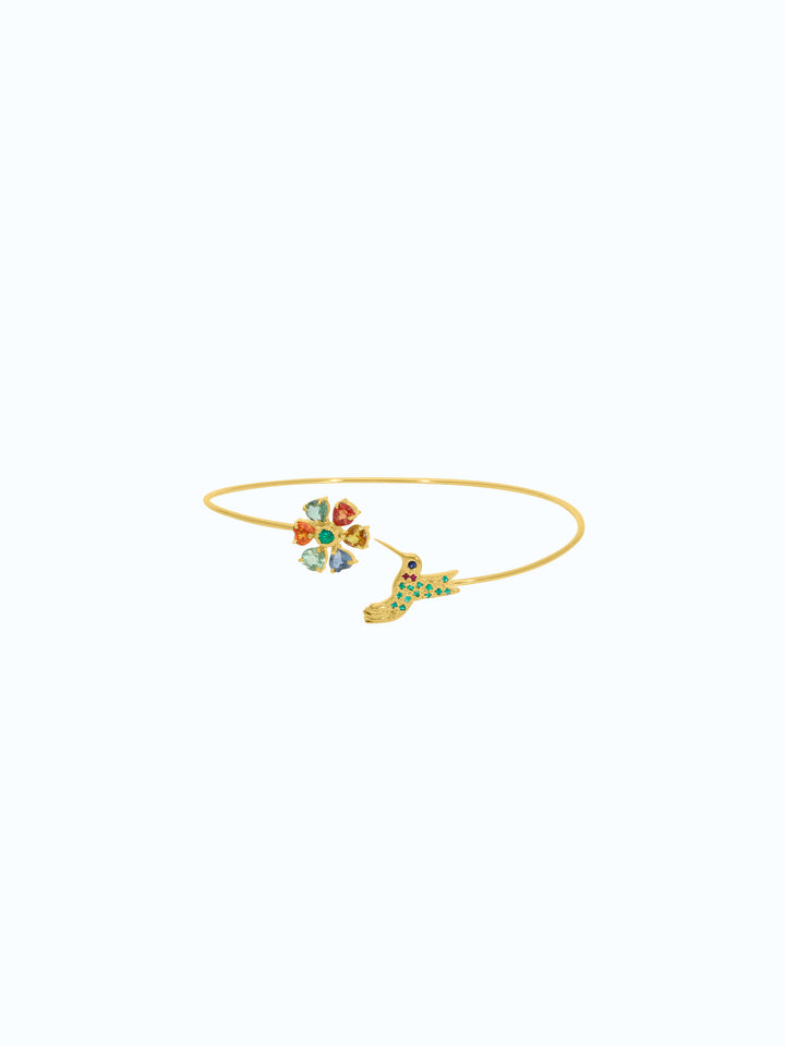 Pulsera de oro 18k con esmeraldas zafiro y rubi diseño colibri